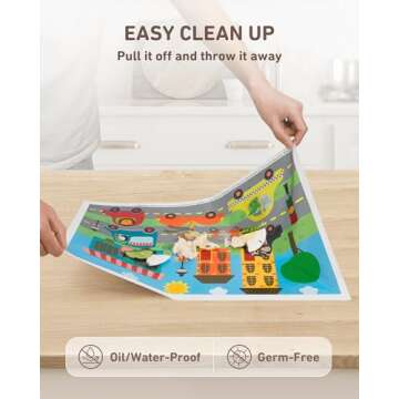 Disposable Stick-on Placemats 40 Pack for Baby & Kids, Toddler Placemats in Reusable Pouch 12" x 18" (Multicolor Animals Driving Cars)