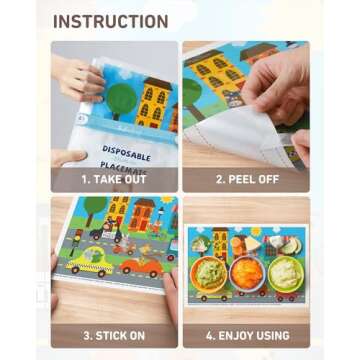 Disposable Stick-on Placemats 40 Pack for Baby & Kids, Toddler Placemats in Reusable Pouch 12" x 18" (Multicolor Animals Driving Cars)