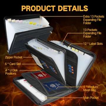 File Folder Organizer, Fireproof Accordion File Organizer with 26 Pockets, Portable Important Docume...