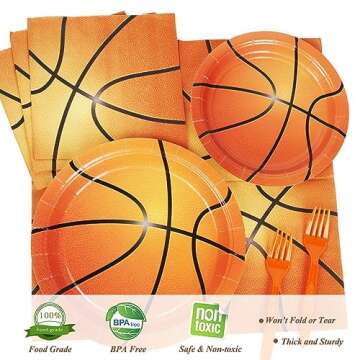 DECORLIFE Basketball Party Supplies Serves 24, Basketball Plates and Napkins, Forks Included, Basketball Party Decorations for Boys Birthday, Total 96 PCS