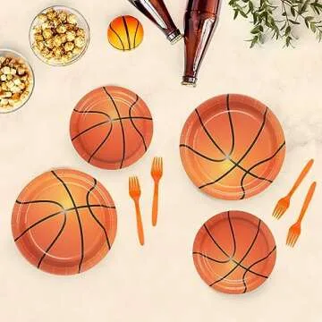 DECORLIFE Basketball Party Supplies Serves 24, Basketball Plates and Napkins, Forks Included, Basketball Party Decorations for Boys Birthday, Total 96 PCS