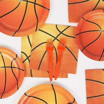 DECORLIFE Basketball Party Supplies Serves 24, Basketball Plates and Napkins, Forks Included, Basketball Party Decorations for Boys Birthday, Total 96 PCS