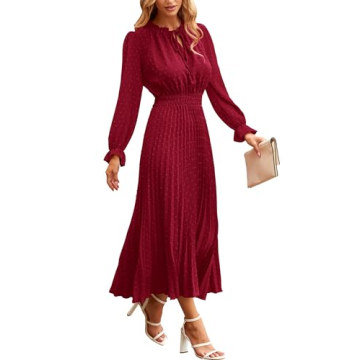 PRETTYGARDEN Women's Pleated Midi Dress - Elegant Long Sleeve V Neck Fashion