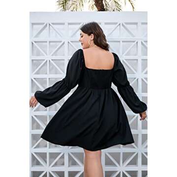 TINSTREE Womens Plus Size Square Neck Dress Long Puff Sleeve Flowy Swing A-Line Short Casual Mini Dress Black