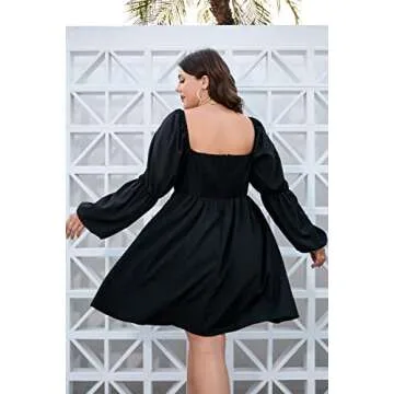 TINSTREE Womens Plus Size Square Neck Dress Long Puff Sleeve Flowy Swing A-Line Short Casual Mini Dress Black