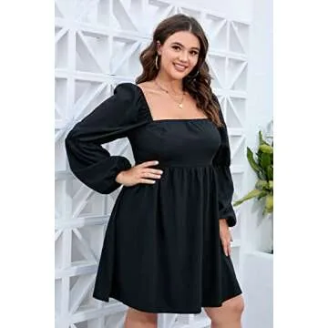 TINSTREE Womens Plus Size Square Neck Dress Long Puff Sleeve Flowy Swing A-Line Short Casual Mini Dress Black