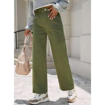 Dokotoo Women's Pants High Waisted Cargo Pants Women Wide Leg Baggy Jeans for Women Straight 2024 Fall Outfits Fashion Clothes Casual Pants Trendy Pocket Teen Girls Trousers Stretch Denim Pants Green