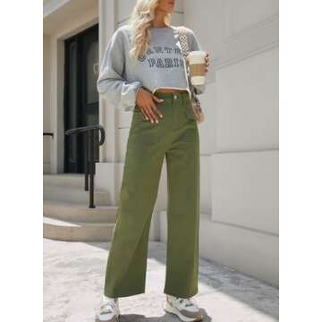 Dokotoo Women's Pants High Waisted Cargo Pants Women Wide Leg Baggy Jeans for Women Straight 2024 Fall Outfits Fashion Clothes Casual Pants Trendy Pocket Teen Girls Trousers Stretch Denim Pants Green