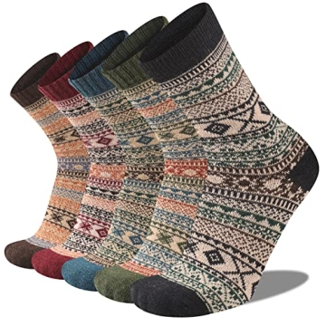 Heatuff Men's Warm Wool Socks - Thermal Winter Thick Crew Pattern 5 Pairs