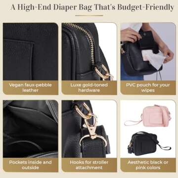 STAËLL Crossbody Diaper Bag Purse with Wipes Dispenser - Stylish Vegan Leather Baby Wipes Holder Clutch for Women - Multipurpose Luxury Diaper Bag Pouch Can Hold 20-30 Various Types of Wipes - Black