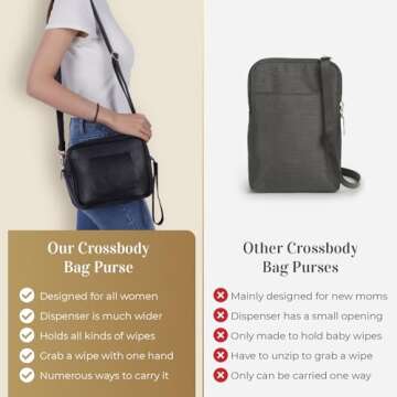 STAËLL Crossbody Diaper Bag Purse with Wipes Dispenser - Stylish Vegan Leather Baby Wipes Holder Clutch for Women - Multipurpose Luxury Diaper Bag Pouch Can Hold 20-30 Various Types of Wipes - Black