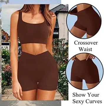 Seamless Yoga Ribbed Workout Sets Women Summer Sports Bra Shorts