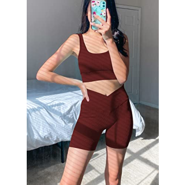 Seamless Yoga Ribbed Workout Sets Women Summer Sports Bra Shorts