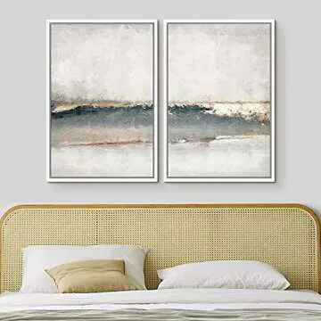 MUDECOR Framed Canvas Print Wall Art Set Watercolor Pastel Gray Teal Landscape Abstract Shapes Illustrations Modern Art Decorative Contemporary for Living Room, Bedroom, Office - 24"x36"x2 White
