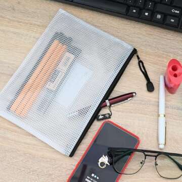 AUSTARK 10 Pcs Zipper File Bags, Waterproof Plastic Mesh Pouch for Office School, Board Game Storage Bags (A5 Size 9.2''x6.7'', White and Black)