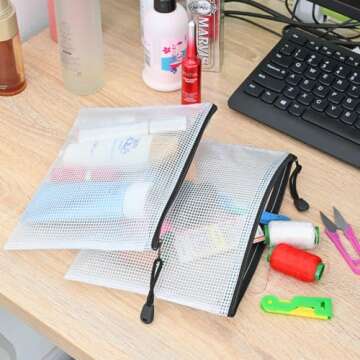 AUSTARK 10 Pcs Zipper File Bags, Waterproof Plastic Mesh Pouch for Office School, Board Game Storage Bags (A5 Size 9.2''x6.7'', White and Black)