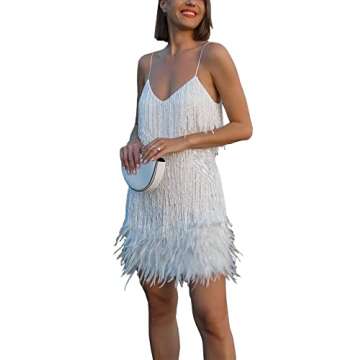 ECDAHICC Women's Flapper Dress Sequins Fringe Strappy Dress Gillter 1920s Gatsby Feather Club Bodyco...