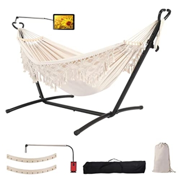 SXSEAGLE Double Hammock with Stand Upgraded Phone Holder Portable Heavy Duty Stainless Steel Indoor ...