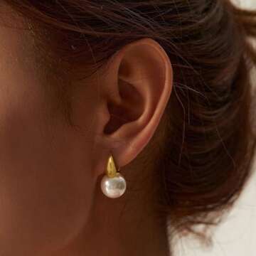 Risamil Pearl Earrings for Women, Gold Pearl Hoop Earrings for Women Trendy 14K Gold Plated Pearl Ho...