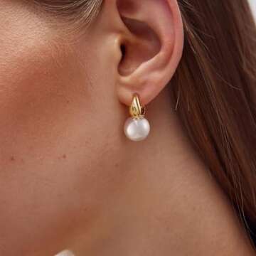 Risamil Pearl Earrings for Women, Gold Pearl Hoop Earrings for Women Trendy 14K Gold Plated Pearl Hoop Huggie Earrings Jewelry Gifts for Women