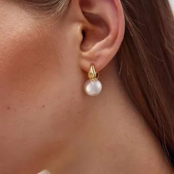 Risamil Pearl Earrings for Women, Gold Pearl Hoop Earrings for Women Trendy 14K Gold Plated Pearl Hoop Huggie Earrings Jewelry Gifts for Women