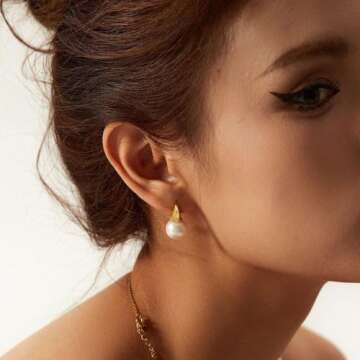 Risamil Pearl Earrings for Women, Gold Pearl Hoop Earrings for Women Trendy 14K Gold Plated Pearl Hoop Huggie Earrings Jewelry Gifts for Women