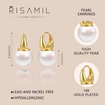 Risamil Pearl Earrings for Women, Gold Pearl Hoop Earrings for Women Trendy 14K Gold Plated Pearl Hoop Huggie Earrings Jewelry Gifts for Women
