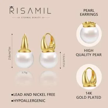 Risamil Pearl Earrings for Women, Gold Pearl Hoop Earrings for Women Trendy 14K Gold Plated Pearl Hoop Huggie Earrings Jewelry Gifts for Women