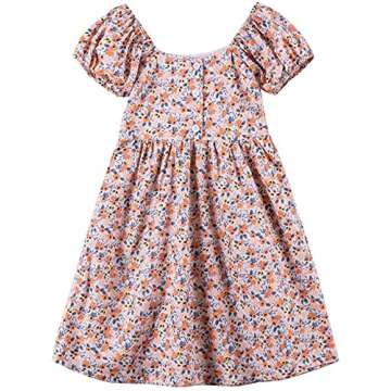 Noomelfish Girls Short Sleeve Floral Dress Casual Flower Printed Smocked Dresses, Small Orange, 7-8 ...