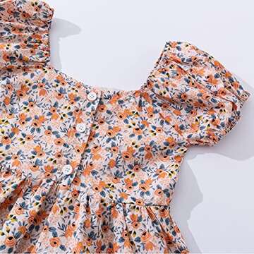 Noomelfish Girls Short Sleeve Floral Dress Casual Flower Printed Smocked Dresses, Small Orange, 7-8 Years