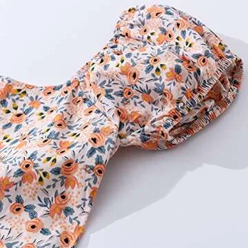 Noomelfish Girls Short Sleeve Floral Dress Casual Flower Printed Smocked Dresses, Small Orange, 7-8 Years