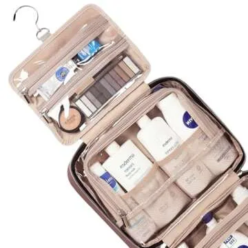 NISHEL Travel Toiletry Bag for women, Portable Hanging Organizer for Full-Sized Shampoo, Conditioner, Brushes Set, Makeup Accessories, Large Size, Rosewood-Pink