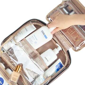 NISHEL Travel Toiletry Bag for women, Portable Hanging Organizer for Full-Sized Shampoo, Conditioner, Brushes Set, Makeup Accessories, Large Size, Rosewood-Pink