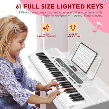 Fenbeli Piano Keyboard for Beginner, 61 Key Electric Keyboard Piano with Keyboard Stand, Piano Bench, Microphone, Headphone, Sheet Music Stand, LED Screen, Dual-Speakers, Teaching Modes (White)