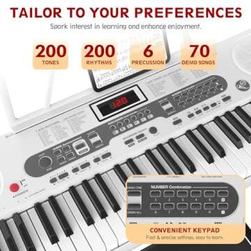 Fenbeli Piano Keyboard for Beginner, 61 Key Electric Keyboard Piano with Keyboard Stand, Piano Bench, Microphone, Headphone, Sheet Music Stand, LED Screen, Dual-Speakers, Teaching Modes (White)