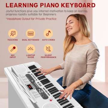 Fenbeli Piano Keyboard for Beginner, 61 Key Electric Keyboard Piano with Keyboard Stand, Piano Bench, Microphone, Headphone, Sheet Music Stand, LED Screen, Dual-Speakers, Teaching Modes (White)