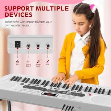 Fenbeli Piano Keyboard for Beginner, 61 Key Electric Keyboard Piano with Keyboard Stand, Piano Bench, Microphone, Headphone, Sheet Music Stand, LED Screen, Dual-Speakers, Teaching Modes (White)