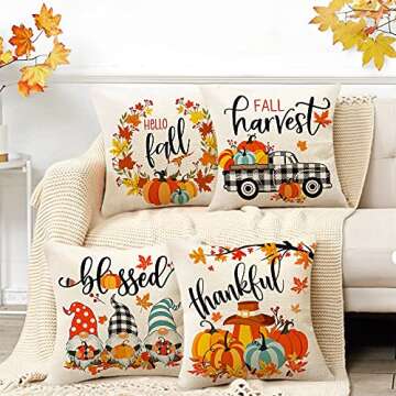 Hexagram Fall Pillow Covers 18×18 Inch Set of 4,Autumn Farmhouse Decorations Buffalo Plaid Cotton Linen Pillow Covers,Pumpkin Gnome Thanksgiving Fall Decor for Sofa Couch Indoor Outdoor…