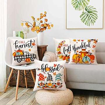 Hexagram Fall Pillow Covers 18×18 Inch Set of 4,Autumn Farmhouse Decorations Buffalo Plaid Cotton Linen Pillow Covers,Pumpkin Gnome Thanksgiving Fall Decor for Sofa Couch Indoor Outdoor…