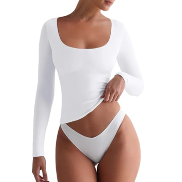 REORIA Women's Square Neck Long Sleeve Slim Fit T-Shirt - Soft, Breathable & Versatile