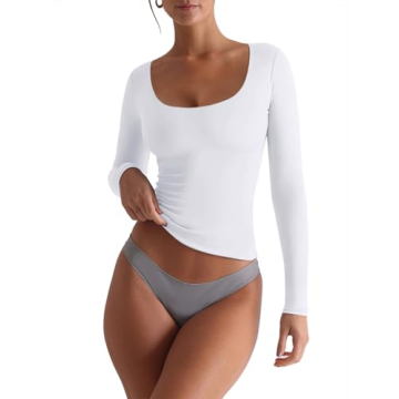 REORIA Women's Square Neck Long Sleeve Slim Fit T-Shirt