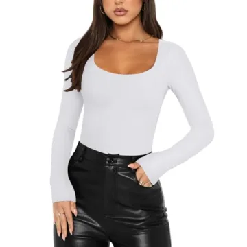 REORIA Women's Square Neck Long Sleeve Slim Fit T-Shirt