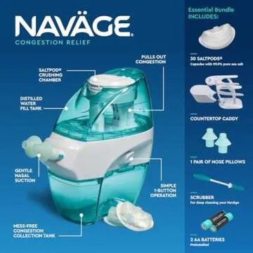 Navage Essentials Bundle - Navage Nasal Irrigation System - Saline Nasal Rinse Kit with 1 Navage Nose Cleaner, 30 Salt Pods and 1 Countertop Caddy
