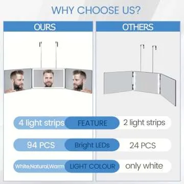 Vanexiss Rechargeable 3 Way Mirror for Hair Cutting, Real Glass Adjustable Trifold Mirror with 3 Col...