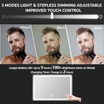 Vanexiss Rechargeable 3 Way Mirror for Hair Cutting, Real Glass Adjustable Trifold Mirror with 3 Color Temps LED Light & Telescoping Hooks for Makeup, Shaving & Styling