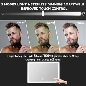 Vanexiss Rechargeable 3 Way Mirror for Hair Cutting, Real Glass Adjustable Trifold Mirror with 3 Color Temps LED Light & Telescoping Hooks for Makeup, Shaving & Styling