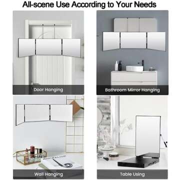 Vanexiss Rechargeable 3 Way Mirror for Hair Cutting, Real Glass Adjustable Trifold Mirror with 3 Color Temps LED Light & Telescoping Hooks for Makeup, Shaving & Styling