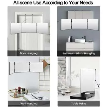 Vanexiss Rechargeable 3 Way Mirror for Hair Cutting, Real Glass Adjustable Trifold Mirror with 3 Color Temps LED Light & Telescoping Hooks for Makeup, Shaving & Styling