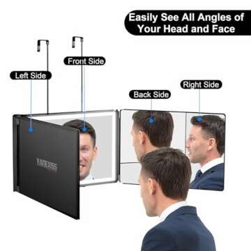 Vanexiss Rechargeable 3 Way Mirror for Hair Cutting, Real Glass Adjustable Trifold Mirror with 3 Color Temps LED Light & Telescoping Hooks for Makeup, Shaving & Styling