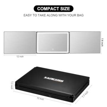Vanexiss Rechargeable 3 Way Mirror for Hair Cutting, Real Glass Adjustable Trifold Mirror with 3 Color Temps LED Light & Telescoping Hooks for Makeup, Shaving & Styling